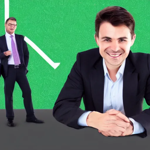 Image similar to happy business person in the background there is a green graph with high returns