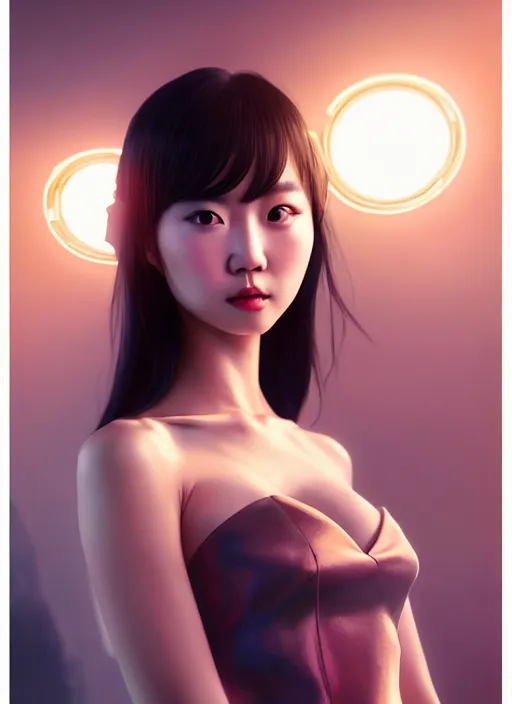 Image similar to beautiful fashion chinese girl in movie scene, strapless dress, character portrait in the style of thomas river and artgerm, wlop, cinematic lighting, hyperdetailed, 8 k realistic, symmetrical, global illumination, radiant light, halo, love and mercy, frostbite 3 engine, cryengine, dof, trending on artstation, digital art, chanel