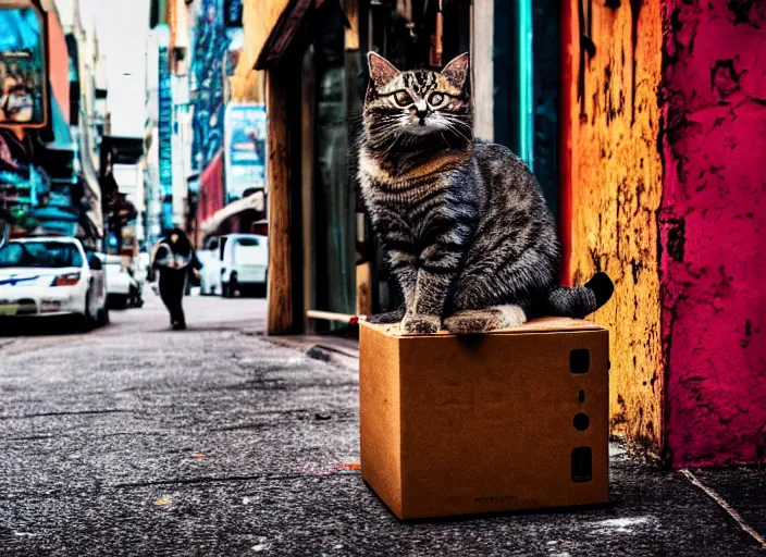 Image similar to photography of a Cat sitting on a box. in a cyberpunk street, award winning photo, colors, 100mm, sharp, high res