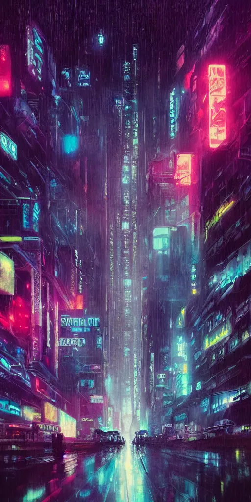 Image similar to hyper realistic city skyline,neon,rain,blade runner, looming surreal sky, 8k,cinematic lighting, detailed oil painting, by tristan eaton,Stanley Artgermm,Tom Bagshaw,Greg Rutkowski,Carne Griffiths,trending on DeviantArt,chillwave,minimalist,cybernetic, android, blade runner,full of colour