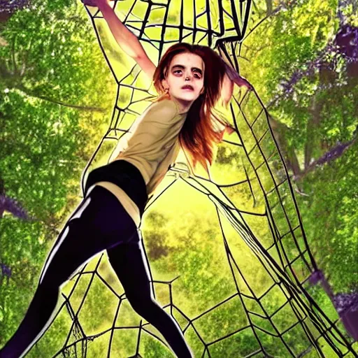 Image similar to emma watson hanging from and trapped in a giant spider web in the style of naruto