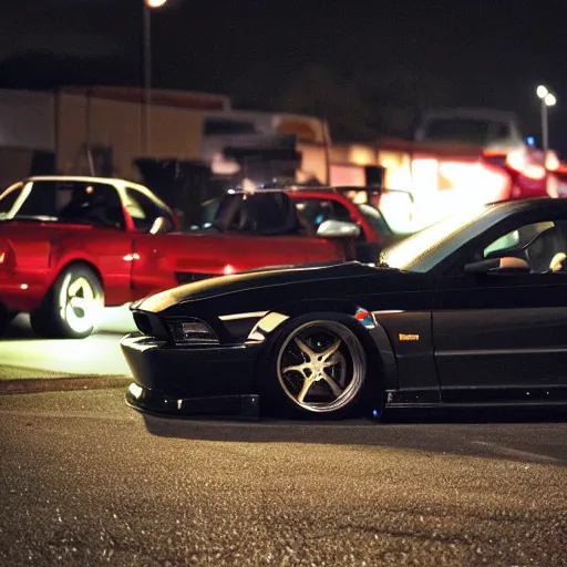 Prompt: JDM 90s car meet dark night time 2013 Mustang cut hood exahust through the hood removed front bumper wangan