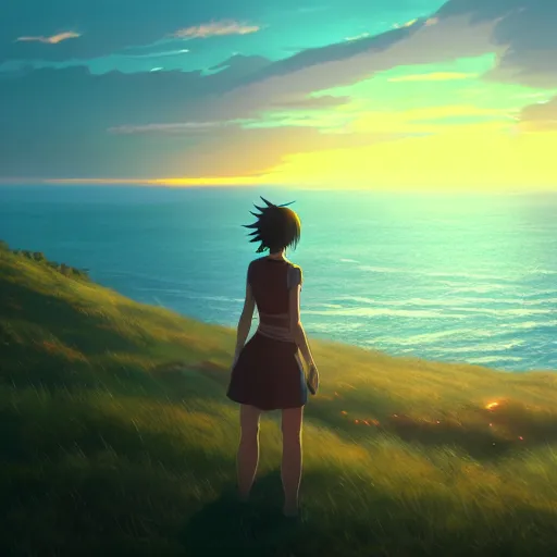 Image similar to A girl standing on the hill looking at the sea with a sunset in style of Makoto Shinkai and Cyberpunk. ArtStation, 8K, Highly Detailed, Intricate, Album Art.