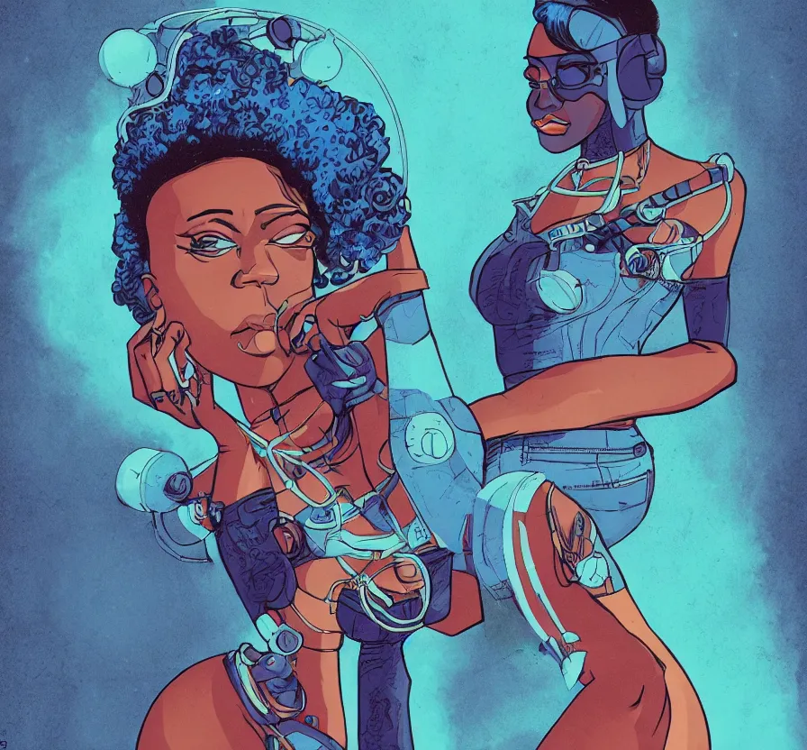 Prompt: dark skin woman with blue hair standing, in the style of retro futurism sci fi pulp art, proportional, well - designed, illustration, retro, vintage, afrofuturism, pop - art,