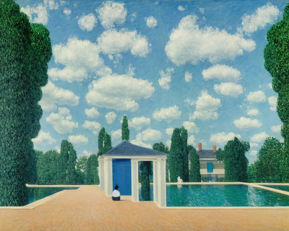 Prompt: achingly beautiful painting of a sophisticated, well - decorated, inspired pool house by rene magritte, monet, and turner.