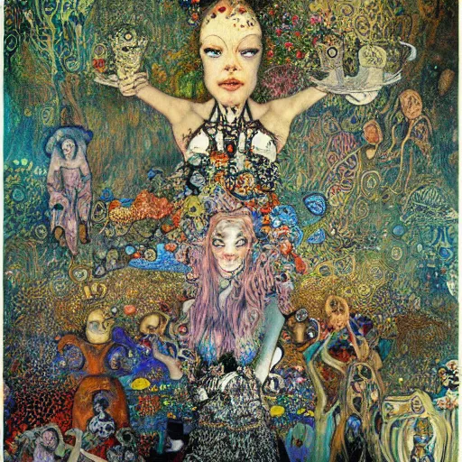 Image similar to princes of hell in alice in wonderland tripping on ayahuasca with faces in the background, intricate detail, painting, klimt, royo, frazetta, whealan,