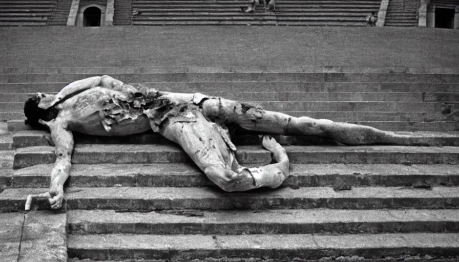 Prompt: 1 9 6 0 s movie still close - up of caligula laying dead on the ancient amphitheater's stairs wounded on the torso, cinestill 8 0 0 t 3 5 mm, high quality, heavy grain, high detail, dramatic light, anamorphic