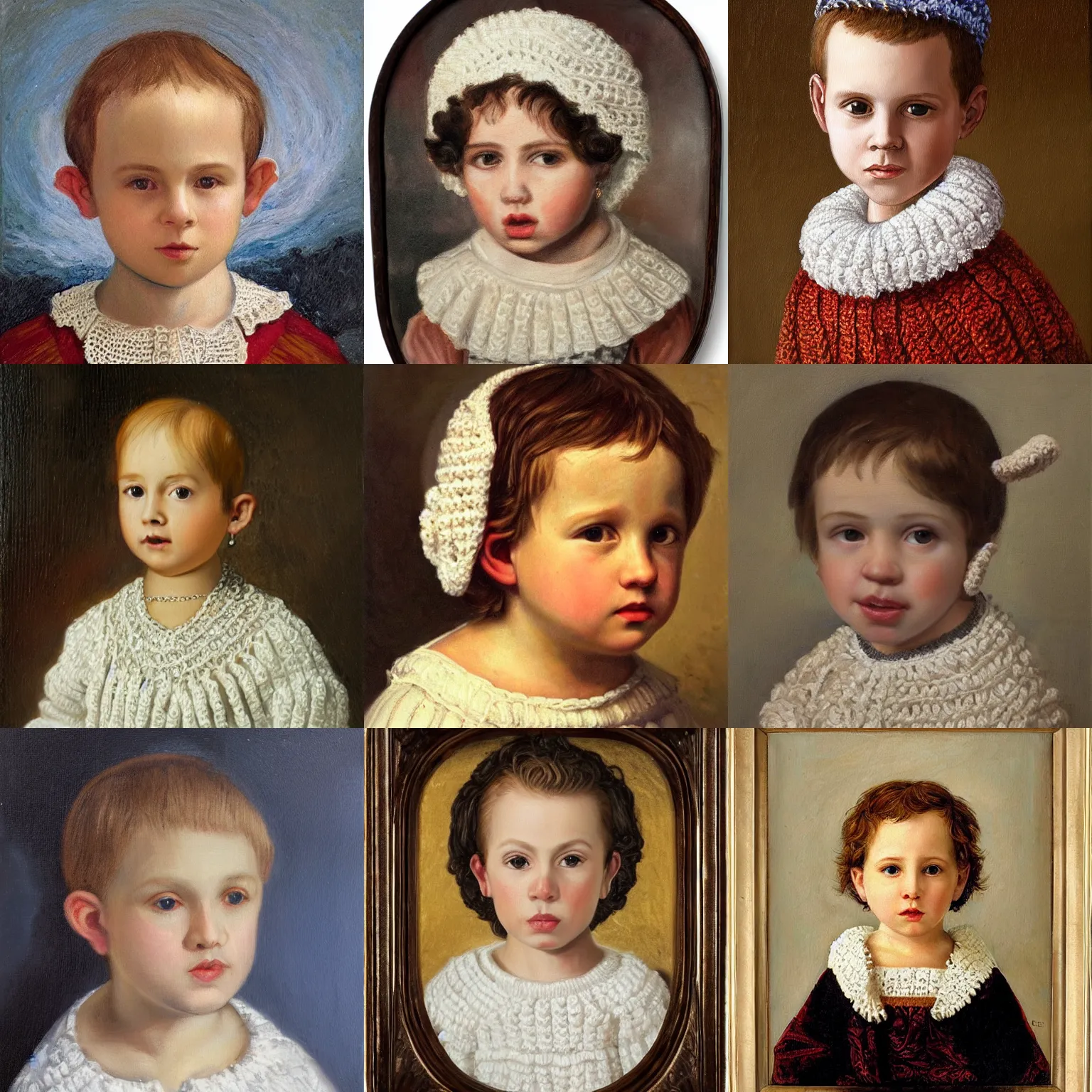 Prompt: young white boy wearing a white crochet theadpiece with tiny ears, ¾ face angle portrait, royal portrait painting, oil painting, highly detailed, realistic face, self - satisfied smirk