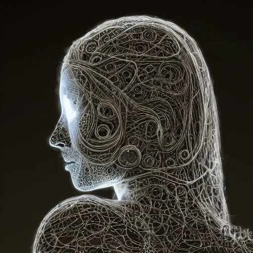 Image similar to woman integrating with technology, full face under a Full Moon, detailed intricate ornate cables connected to head, luscious thick hair, big open electric eyes, luxurious detailed abundent wiring and implants, sci-fi, neon, 8k ultra realistic night time photography of a mystical cosmic night, highly detailed, Rene Lalique and Eddie Mendoza