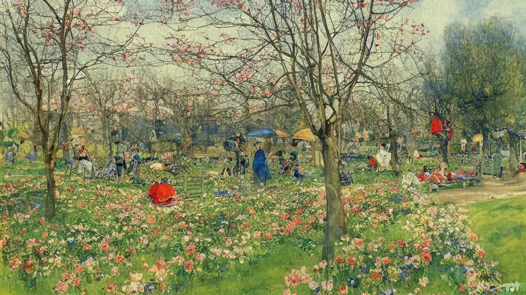 Image similar to gorgeous painting of a park in spring by carl larsson