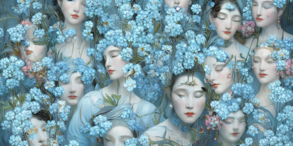 Prompt: breathtaking detailed concept art painting art deco pattern of faces goddesses of light blue flowers with anxious piercing eyes and blend of flowers and birds, by hsiao - ron cheng and john james audubon, bizarre compositions, exquisite detail, extremely moody lighting, 8 k