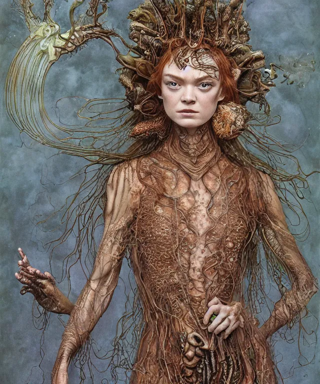 Prompt: a portrait photograph of a fierce sadie sink as an alien harpy queen with slimy amphibian skin. she is trying on a lace bulbous flowing slimy organic membrane parasite dress and transforming into an insectoid amphibian. by donato giancola, walton ford, ernst haeckel, brian froud, hr giger. 8 k, cgsociety