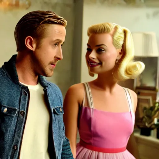 Image similar to still of ryan gosling and margot robbie, in barbie movie