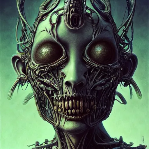 Image similar to a portrait of a beautiful biomechanical queen of necropolis, horror concept art by giger and beksinski and szukalski and wlop and pete mohrbacher, digital art, highly detailed, intricate, sci-fi, sharp focus, Trending on Artstation HQ, deviantart, unreal engine 5, 4K UHD image