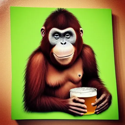 Prompt: “ sinister smiling orangutan holding a pint of beer ”