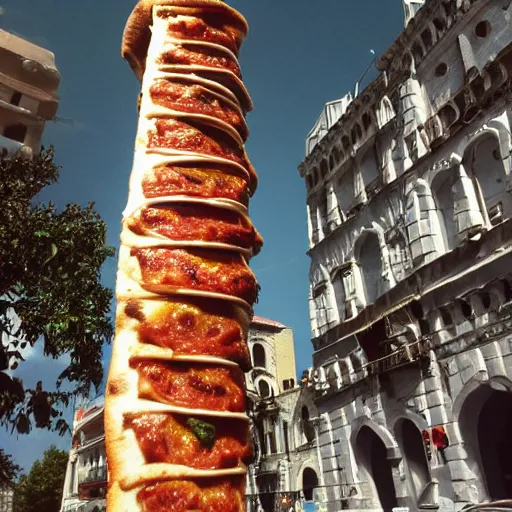 Prompt: a picture of the leaning tower piza but it's made out pizza