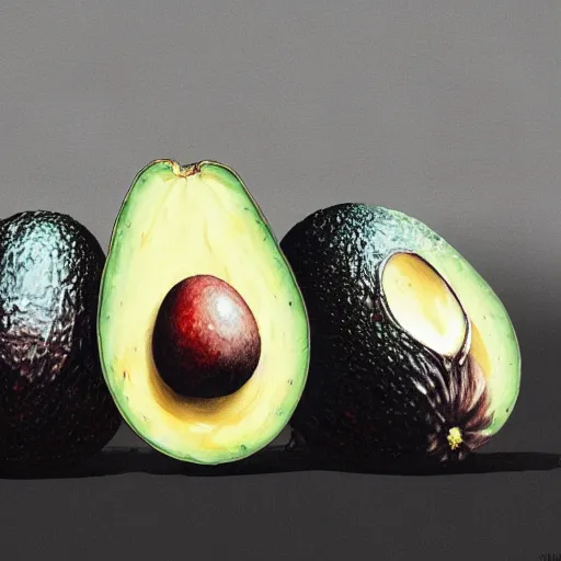 Image similar to four avocados lined up in a row, white background, dramatic lighting, illustration by greg rutkowski, yoji shinkawa, 4 k, digital art, concept art, trending on artstation