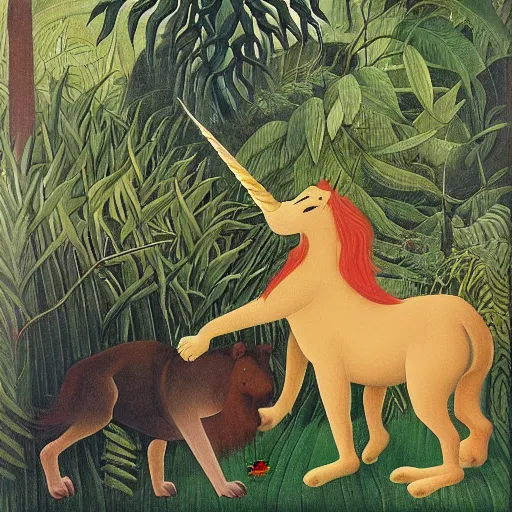 Prompt: A unicorn fighting with a lion, nature, jungle, Henri Rousseau