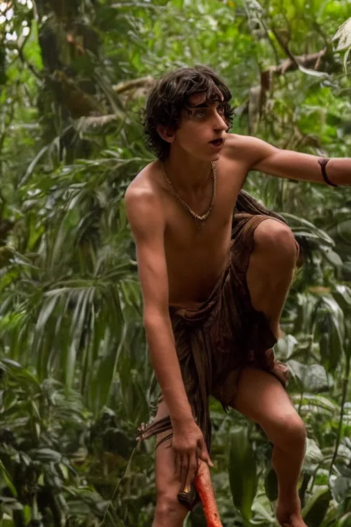 Image similar to timothee chalamet plays mowgli in the live action adaptation of the jungle book, red weapon 8 k s 3 5, cooke anamorphic / i lenses, highly detailed, cinematic lighting