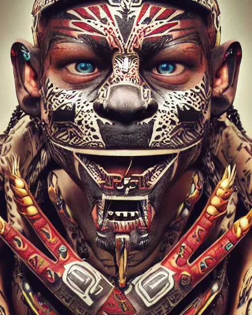 Image similar to editorial photo portrait of aztec jaguar warrior with glowing tribal futuristic tattoos on face, warrior body, photo by mario testino, cinematic, hyper detailed, micro details, insanely detailed, trending on artstation, concept art, insanely detailed and intricate