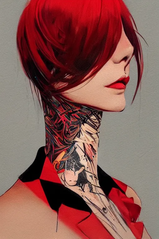 Prompt: a ultradetailed beautiful painting of a stylish female wearing a tie, tattoo on neck, by conrad roset, red and black, greg rutkowski and makoto shinkai trending on artstation