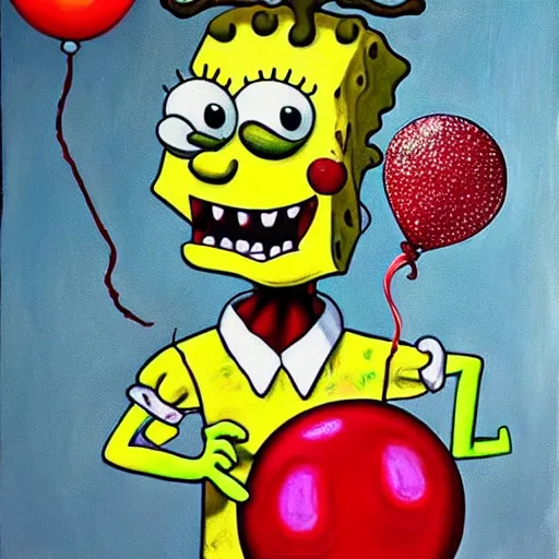 Image similar to grunge painting of spongebob with a wide smile and a red balloon by chris leib, loony toons style, pennywise style, corpse bride style, horror theme, detailed, elegant, intricate