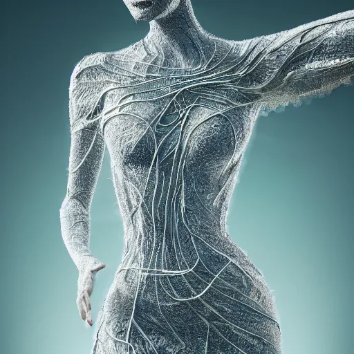 Image similar to a highly detailed ethereal full body digital image of a elegantly posed dancing futuristic woman beautifully intertwined in realistic chrome leafy foliage dress liquid like leaves, full body shot, by Andrew Chiampo, artstation, and Frederik Heyman, extremely detailed woman, stunning volumetric lighting, hyper realism, fantasy, intricate detail, 4k,