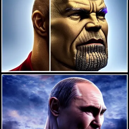 Prompt: putin who looks like thanos, Cinematic, Portrait, Ultra-HD, Beautiful Lighting, insanely detailed and intricate, hypermaximalist, elegant, ornate, hyper realistic, super detailed