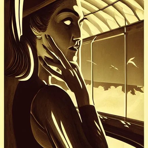 Image similar to detailed face of a woman, clockwork, moment, tectonic sky, skydome, bullet train, turbines, utopian, tech noir, wet reflections, prism, atmospheric, ambient, pj crook, syd mead, emma uber, greg rutkowski, edward hopper