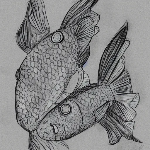 Prompt: pencil sketch of beautiful coy fishes, digital art, traditional, paper, pencil sketch, book cover