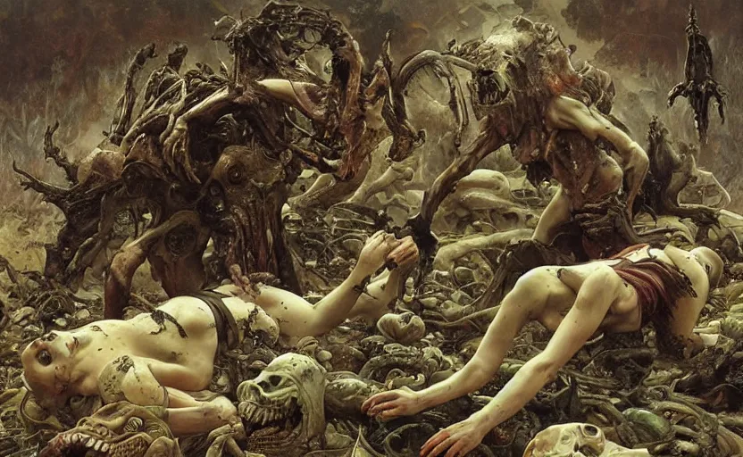 Image similar to renaissance grotesque painting of ovni crash swamp wasteland, landfill, alien corpses on the floor, elegant artwork by lee bermejo and greg rutkowski and alphonse mucha