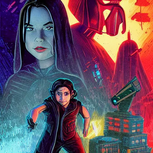 Image similar to goosebumps book r l stine book cover with rey and kylo ren, in the style of tim jacobus