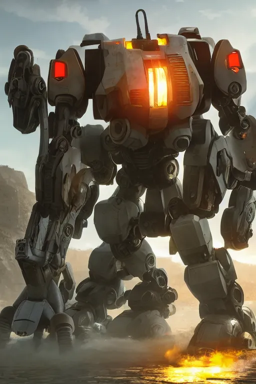 Image similar to mechwarrior 5 : mercenaries mech megaman transformer robot boss tank engine game octane render, 4 k, hd 2 0 2 2 3 d cgi rtx hdr style chrome reflexion glow fanart, global illumination ray tracing hdr fanart arstation by ian pesty by jesper ejsing pixar and disney unreal zbrush central hardmesh