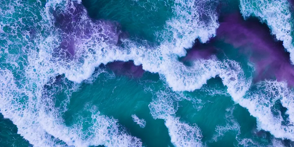 Prompt: blue purple and pink colored ocean waves rolling into the beach that look like the great wave off Kanagawa, high resolution, 8k