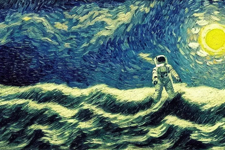 Prompt: an astronaut surfing waves in Jupiter ocean, beautiful, national geographic, very detailed, astrophotography, oil painting, canvas, Vincent van Gogh, Caspar David Friedrich, Albert Bierstadt