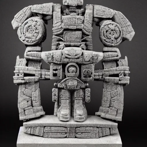 Image similar to intricate stone sculpture of mecha mayan abstract styles, horizontal design, large interconnecting curved lines