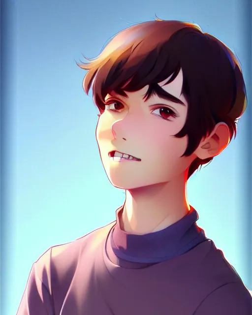 Prompt: teen boy with short chopped brown hair, bangs, unibrow, nerdy smile, portrait shinkai makoto studio ghibli studio key hideaki anno sakimichan stanley artgerm lau rossdraws james jean marc simonetti elegant highly detailed digital painting artstation pixiv