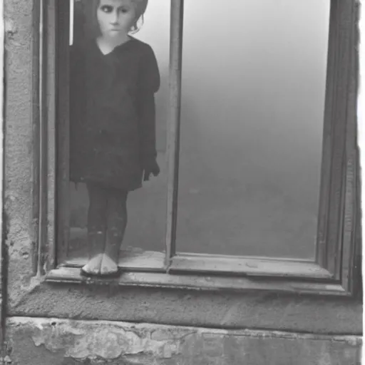 Image similar to creepy child standing behind a window of an old villa. 1 9 2 0 s black and white photo. eerie, foggy.