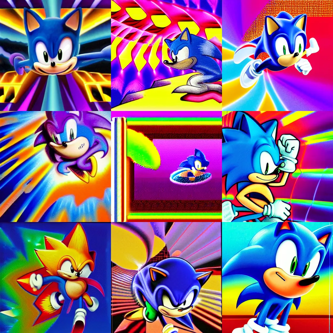 Prompt: sonic the hedgehog in a surreal, sharp, detailed professional, high quality portrait sonic airbrush art mgmt album cover portrait of a liquid dissolving lsd dmt sonic the hedgehog surfing through cyberspace, purple checkerboard background, 1 9 9 0 s 1 9 9 2 sega genesis video game album cover