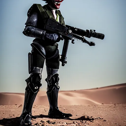 Image similar to A professional picture of the joker wearing a suit of T-51b power armor and holding a laser rifle in the desert, 8k, dslr, cinematic, depth of field,