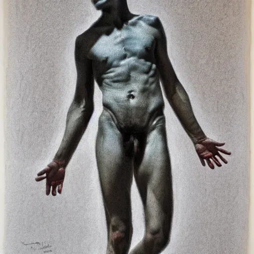 Prompt: an artistic color dry pastel study of a young male body, full body, dynamic pose, berne hogarth, david hockney