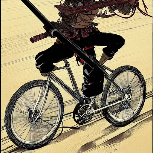 Image similar to japanese samurai riding a bicycle that looks like Borderlands and by Feng Zhu and Loish and Laurie Greasley, Victo Ngai, Andreas Rocha, John Harris