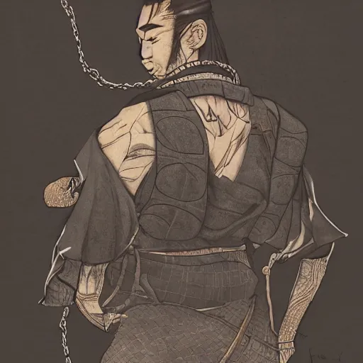 Image similar to A PORTRAIT FROM BEHIND OF A SAMURAI MAN VAGABOND WITH A MOON BEHIND HIM ,THE SAMURAI IS WRAPPED IN CHAINS ,detailed,editorial illustration, matte print, concept art, ink style , sketch , digital 2D