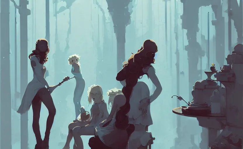 Image similar to celtic woman by atey ghailan, by greg rutkowski, by greg tocchini, by james gilleard, by joe fenton, by kaethe butcher, dynamic lighting, gradient light blue, brown, blonde cream and white color scheme, grunge aesthetic