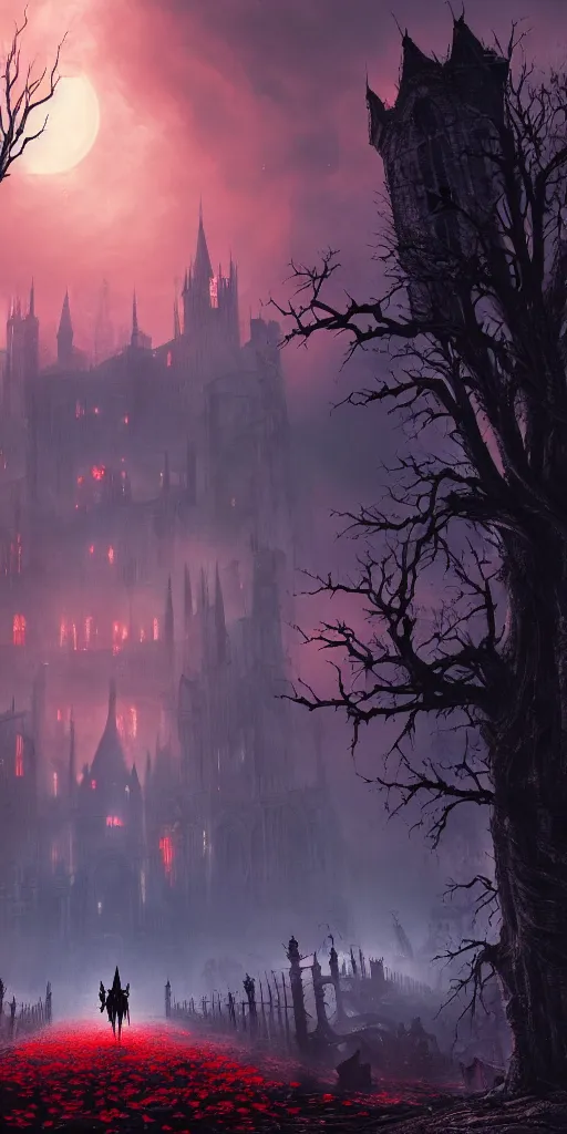 Image similar to abandoned bloodborne old valley with a person at the centre and a ruined gothic city at the end with a big castle, trees and stars in the background, falling red petals, epic red - orange moonlight, perfect lightning, wallpaper illustration by niko delort and kentaro miura, 4 k, ultra realistic