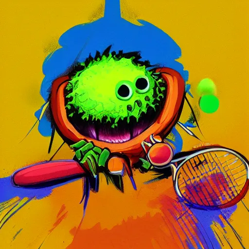 Image similar to a tennis ball monster ,tennis ball, tennis racket, colorful, digital art, fantasy, magic, trending on artstation, ultra detailed, professional illustration by Basil Gogos