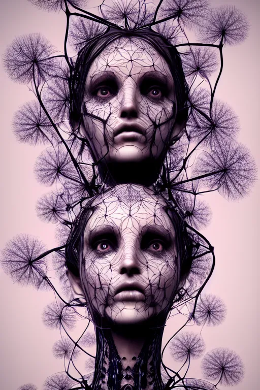 Image similar to intricate hyper detailed ultra sharp 3 d render of a witch profile close - up!!! portrait, art nouveau, alexander mcqueen, transparent fractal dandelion green ivy roots, moon in the background, intricate details, anatomical, flesh ornate, facial muscles, cable wires, elegant, hyper realistic, ultra detailed, octane render, volumetric cinematic lighting, 8 k post - production