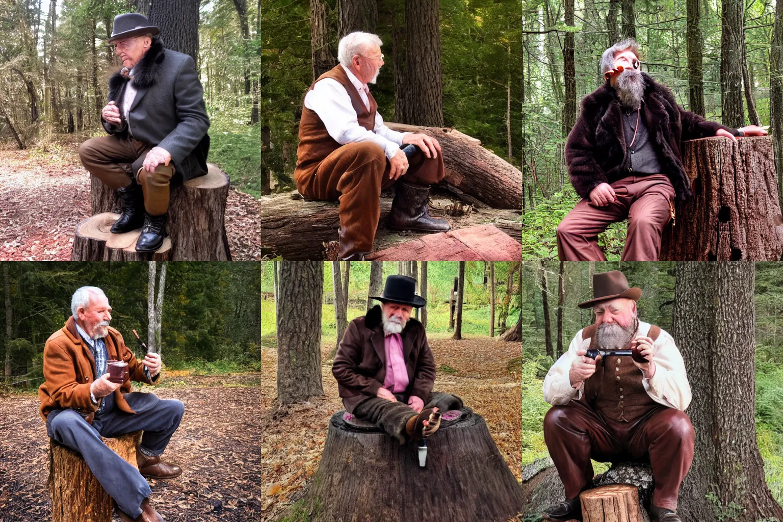 Prompt: A pipesmoking older men with brown hair and bear sitting on a treestump. he wears a fur west and brown leather pants. the smoke from the pipe is pink.