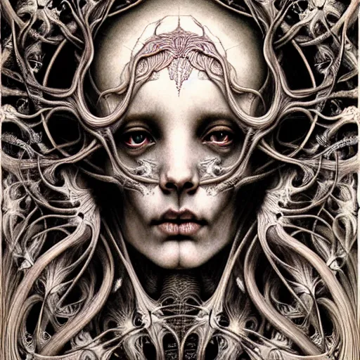 Prompt: detailed realistic beautiful calaveras death goddess face portrait by jean delville, gustave dore, iris van herpen and marco mazzoni, art forms of nature by ernst haeckel, art nouveau, symbolist, visionary, gothic, neo - gothic, pre - raphaelite, fractal lace, intricate alien botanical biodiversity, surreality, hyperdetailed ultrasharp