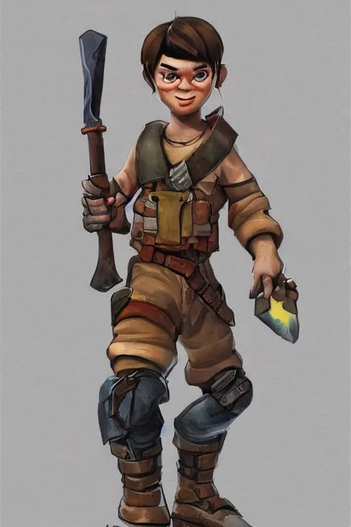 Image similar to beautiful highly detailed realistic stylized portrait of a small boy with a wooden sword, team fortress 2, fortnite, torchlight, heartstone, detailed character art, portrait, trending on artstation